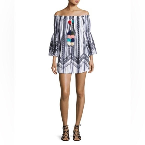 Red Carter Rio Striped Off the Shoulder Tassel Trim Mini Dress - Picture 1 of 10